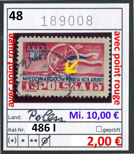 Pologne 1948 - Michel 486 I - oo oblit. - avec point rouge