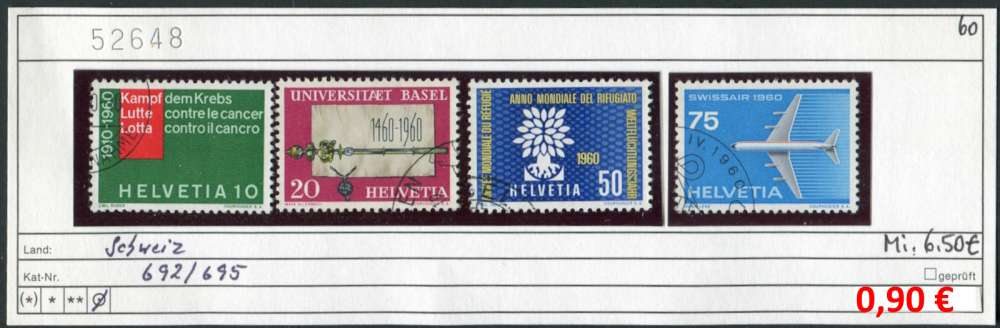 Suisse 1960 - Michel 692-695 - oo oblit. - 