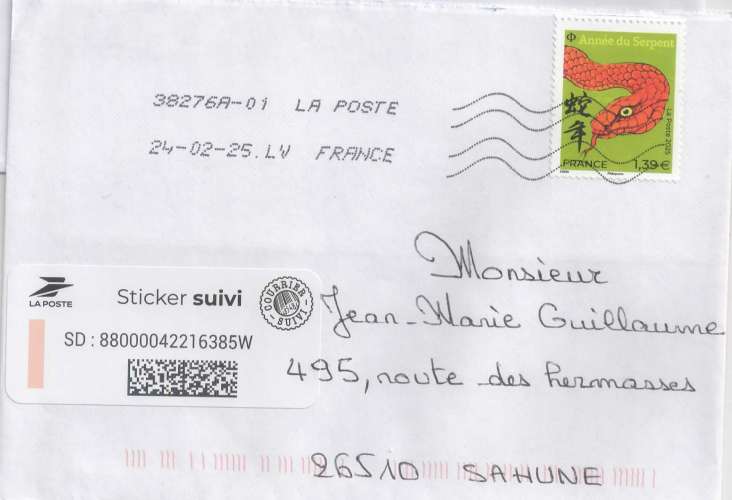 FRANCE LETTRE SUIVI  2025 ANNEE DU SERPENT PM  voir scan